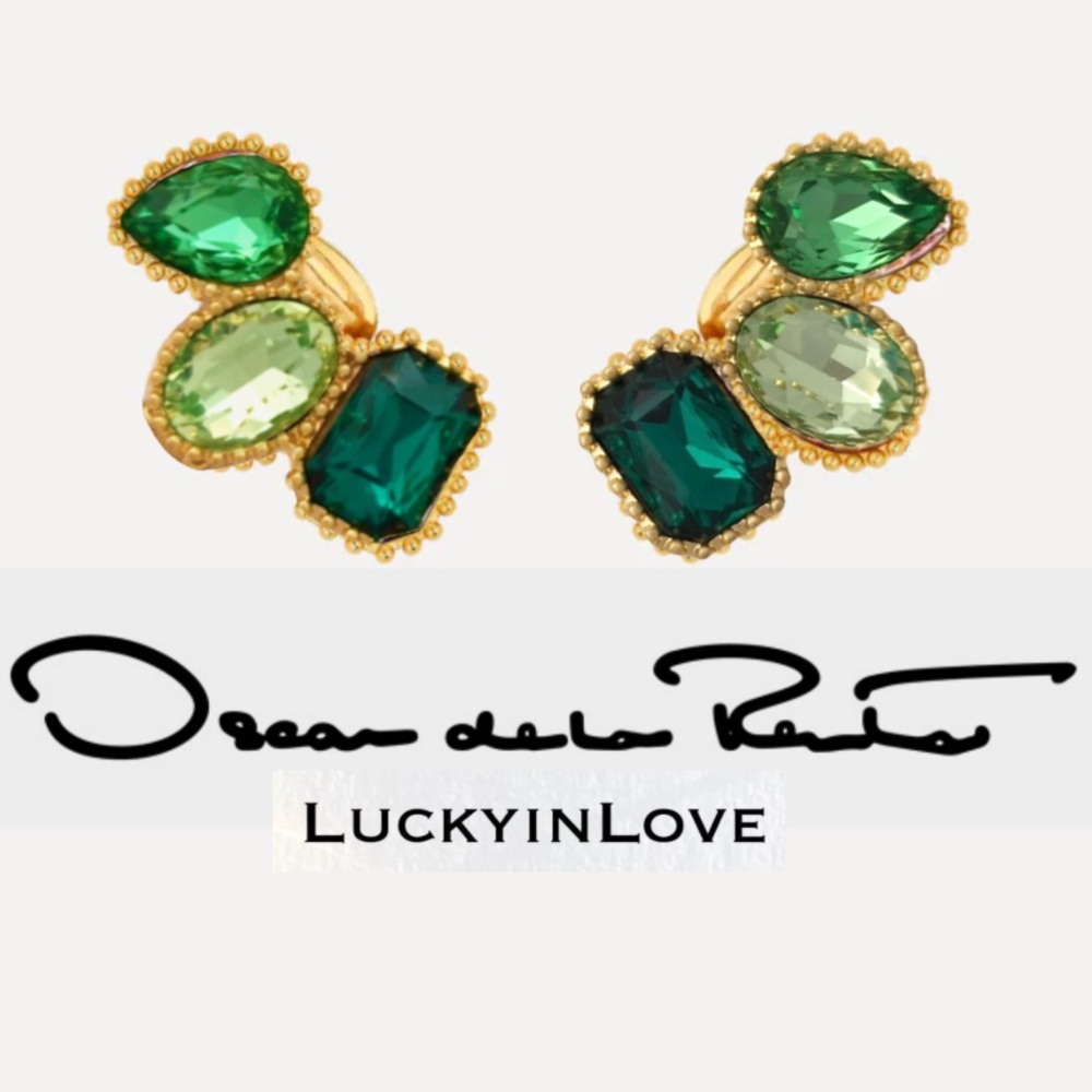 OSCAR de La Renta • Emerald-Cut Scramble Ear Cuffs Clip On Earrings . Greens - Picture 3 of 7